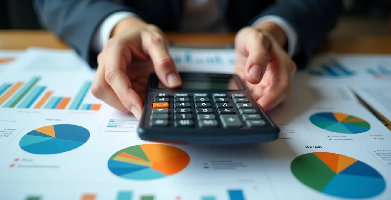 Mani di analista finanziario con calcolatrice e grafici colorati su scrivania in legno