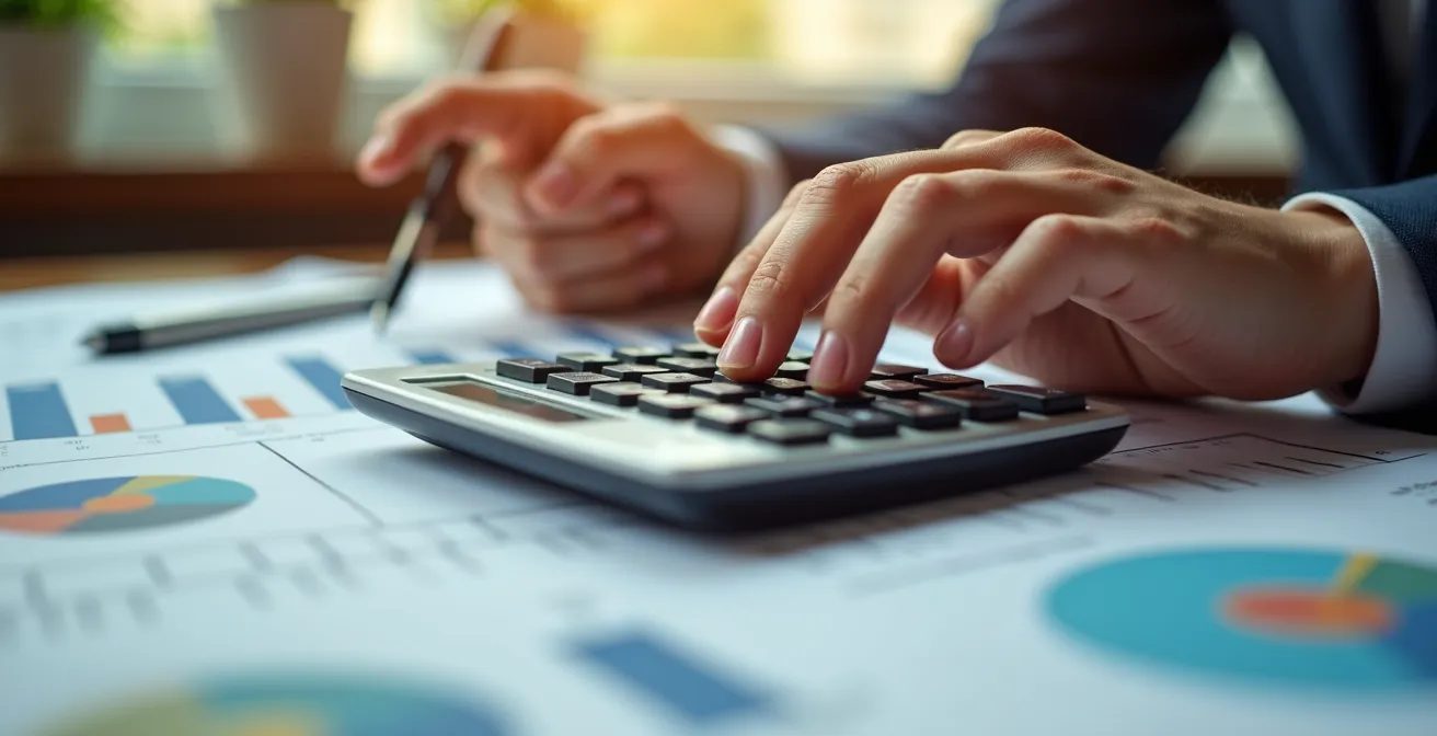 Vista dall'alto di calcolatrice e grafici di analisi costi finanziari