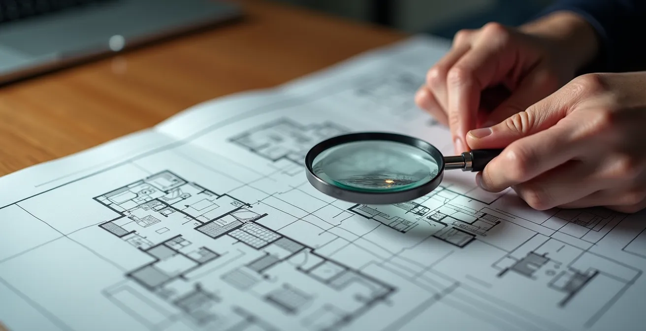 Professionista esamina documenti tecnici con lente ingrandimento su scrivania