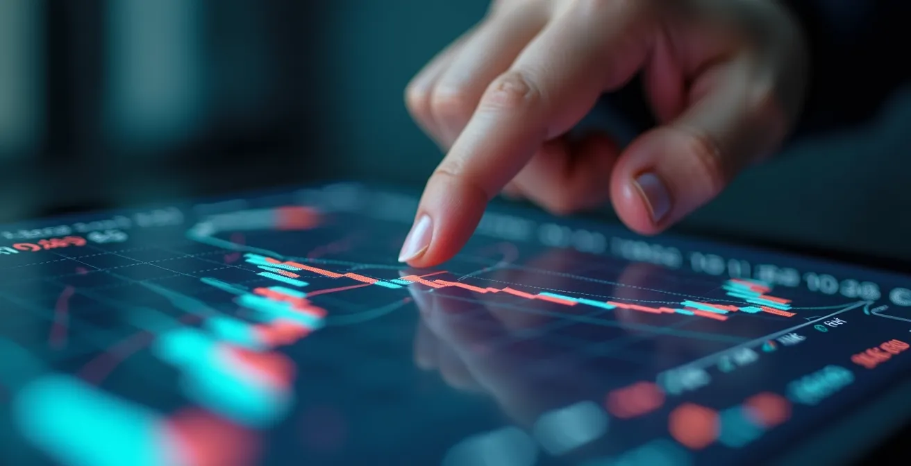 Primo piano di mano che indica un grafico finanziario su tablet digitale