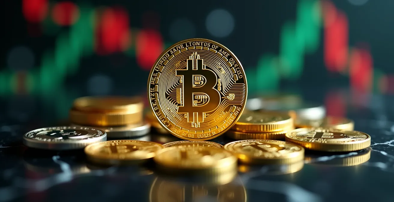 Composizione macro di monete Bitcoin dorate e altcoin colorate su bilancia strategica