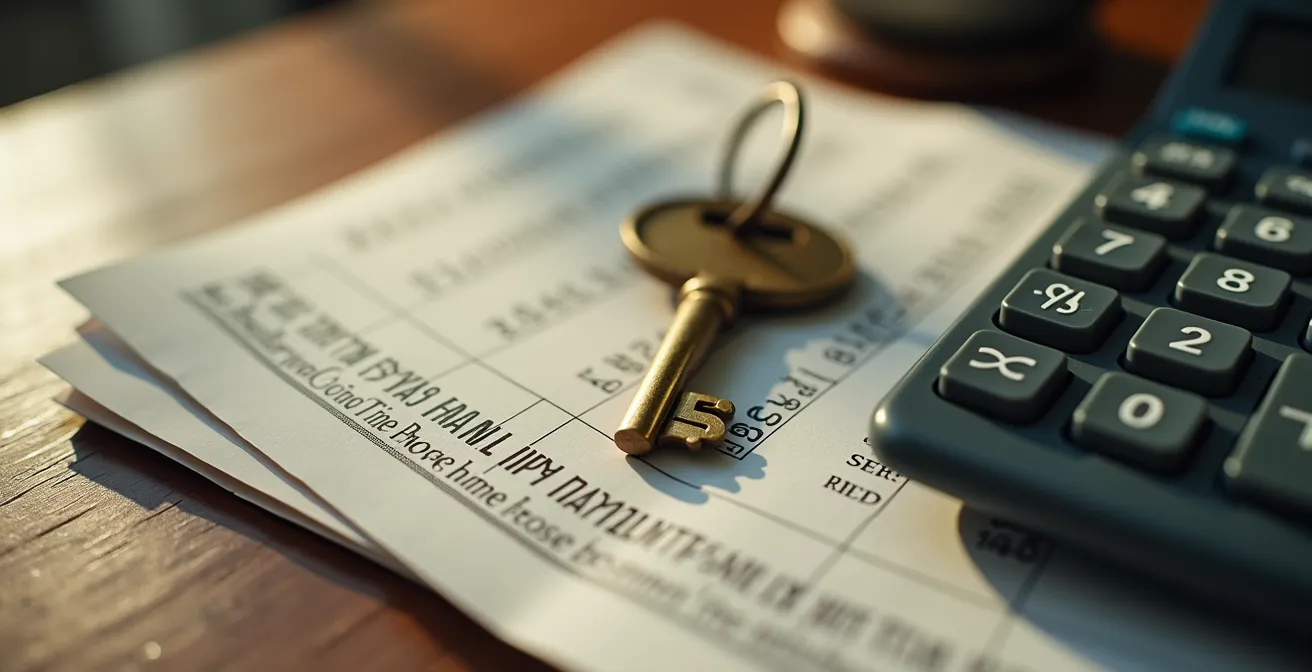 Dettaglio macro di documenti finanziari con calcolatrice e chiavi di casa su tavolo in legno