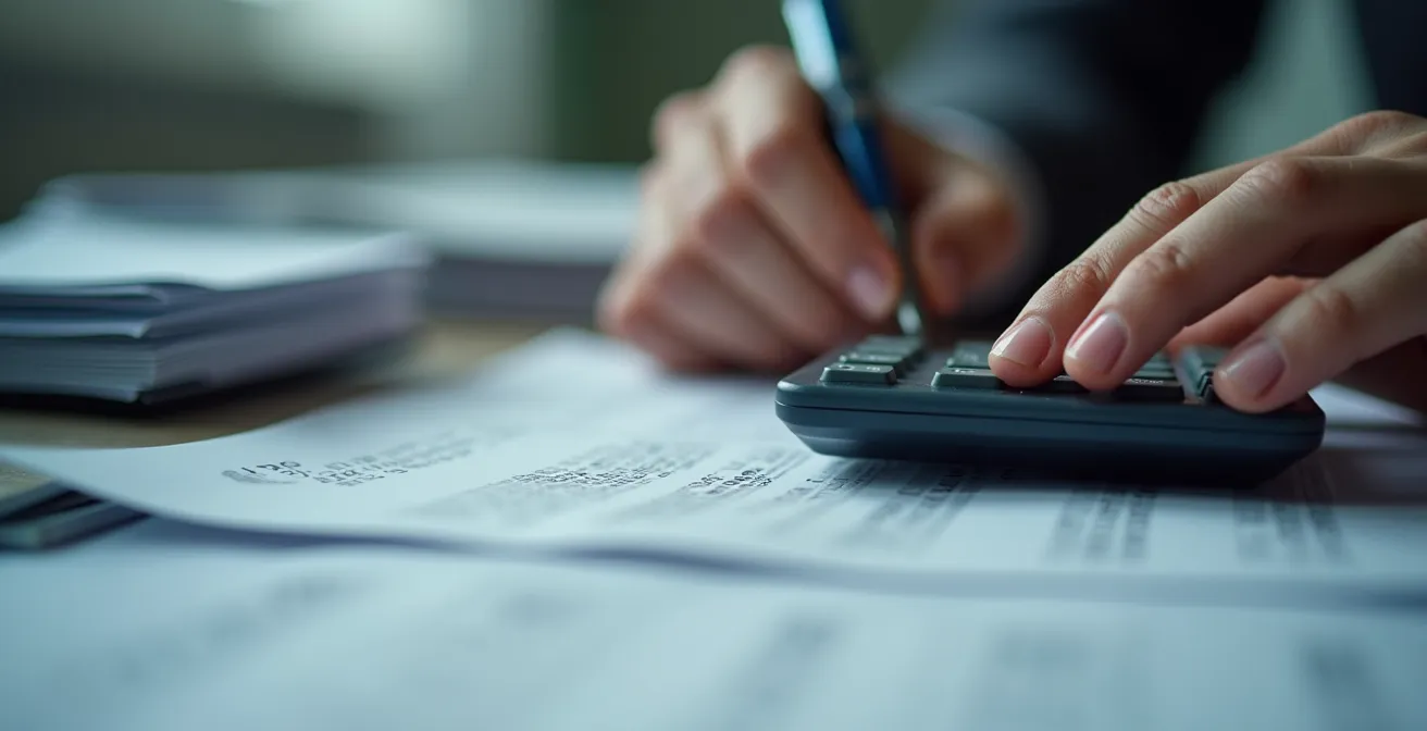 Primo piano di mani che calcolano l'IRAP con calcolatrice e documenti fiscali