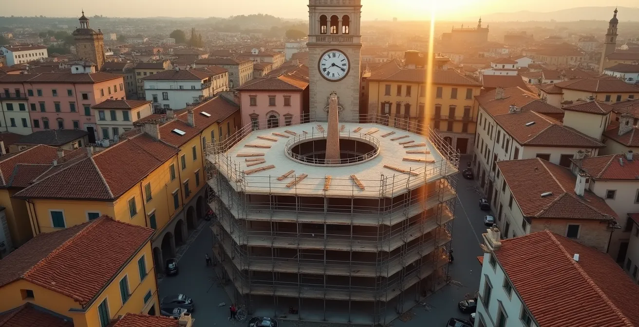 Cantiere edilizio con gru e operai al lavoro in centro storico italiano