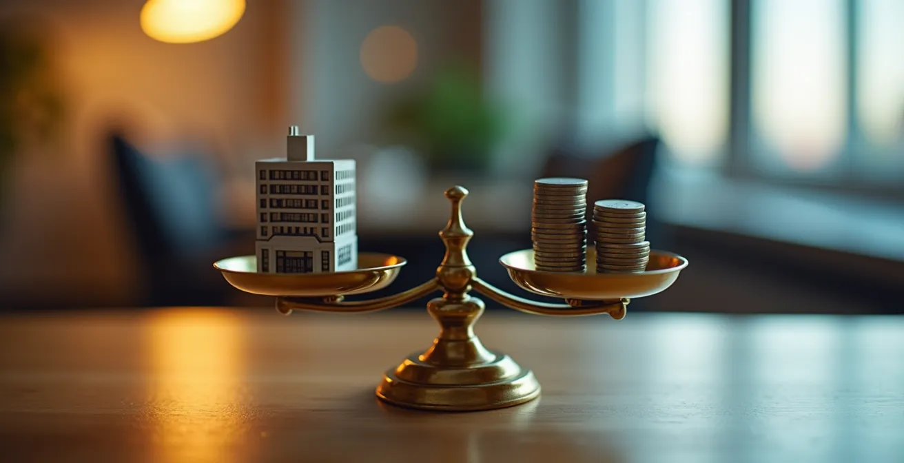 Composizione simbolica con documenti finanziari e calcolatrice per analisi investimento immobiliare