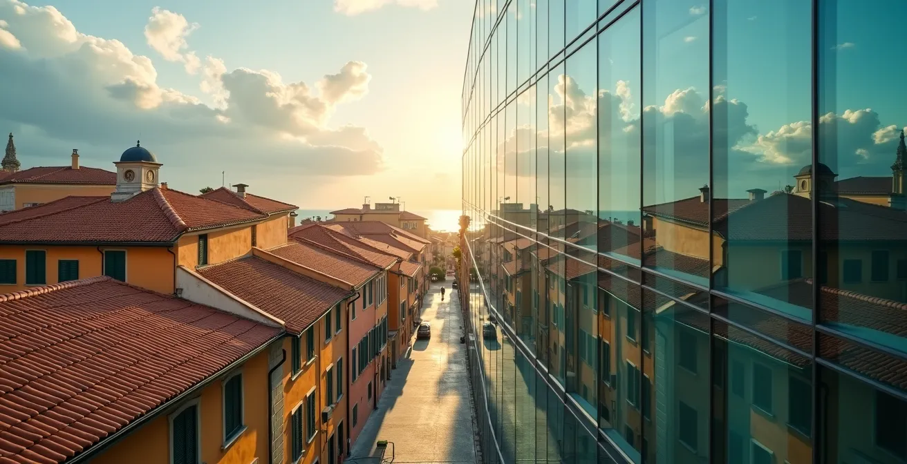 Vista aerea divisa tra quartiere residenziale italiano e grafico finanziario astratto