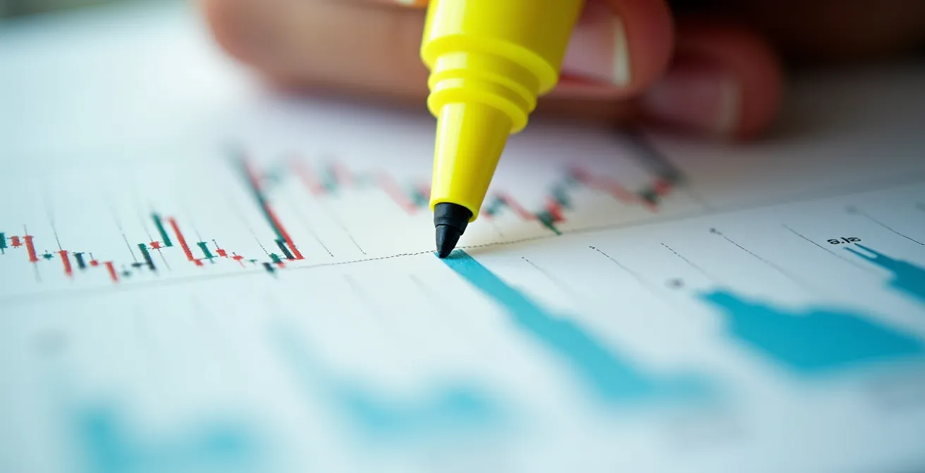 Mano con penna evidenzia grafici di performance su report finanziario