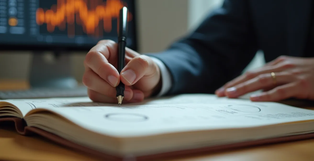 Investitore che annota le proprie reazioni emotive davanti a grafici di mercato