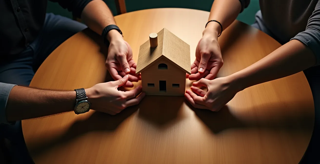 Tre mani che tirano in direzioni diverse un modellino di casa, simbolo di conflitto ereditario
