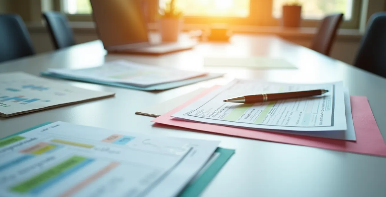 Documenti finanziari organizzati su scrivania con cartelle colorate e post-it