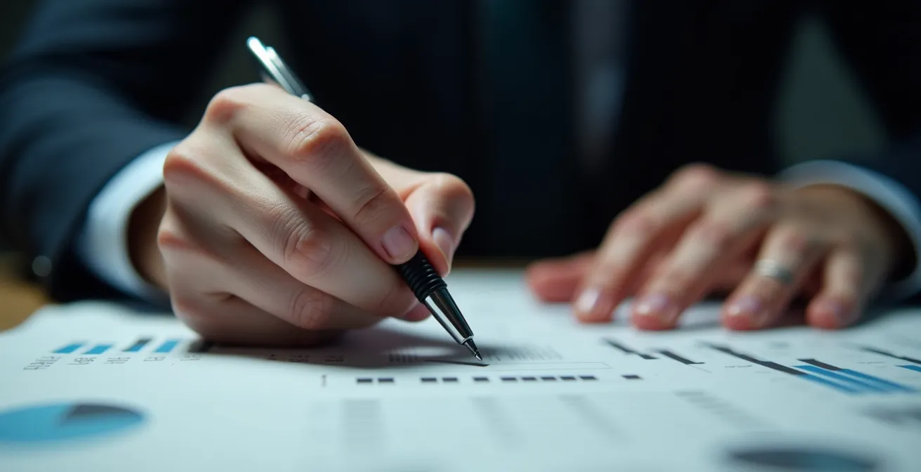 Mani che stringono nervosamente una penna sopra grafici finanziari sfocati