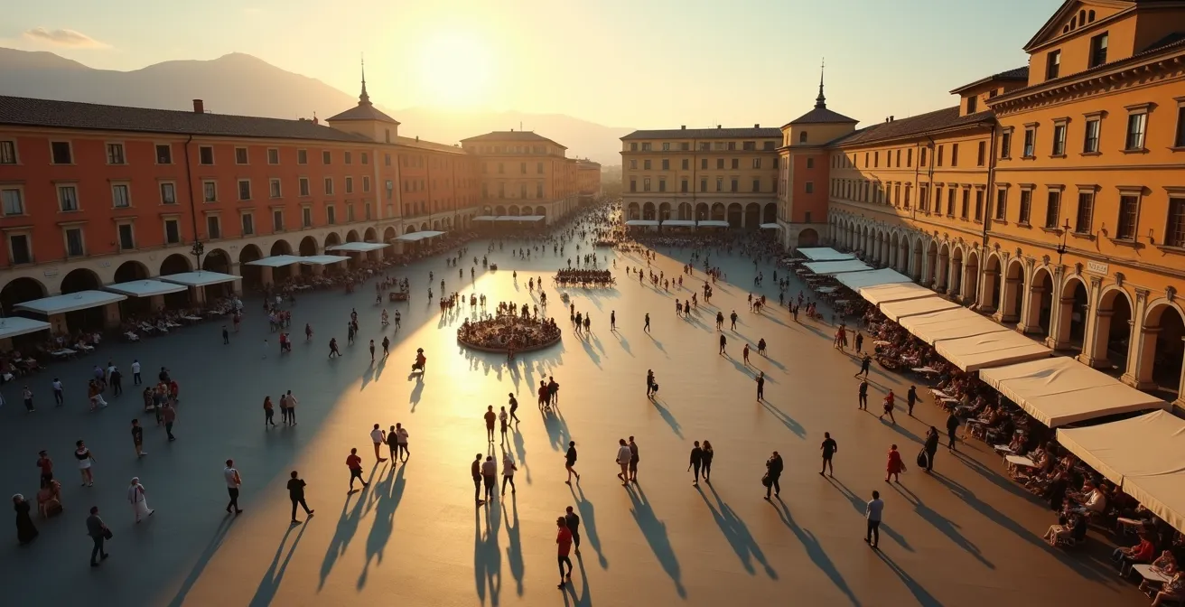 Vista aerea di una piazza italiana con poche persone giovani e molti anziani, a simboleggiare il cambiamento demografico.