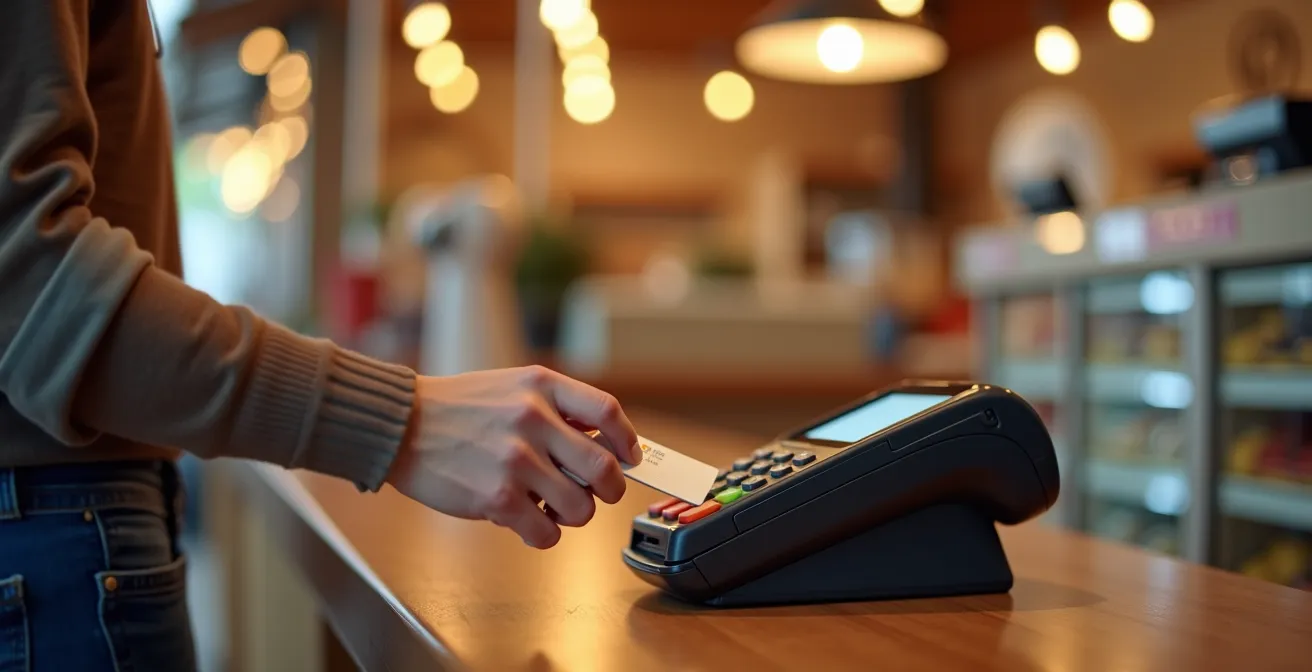 Mano che avvicina carta di pagamento a terminale POS in ambiente commerciale italiano