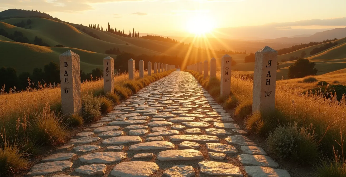 Rappresentazione visiva di un percorso ascendente con pietre miliari in un paesaggio italiano