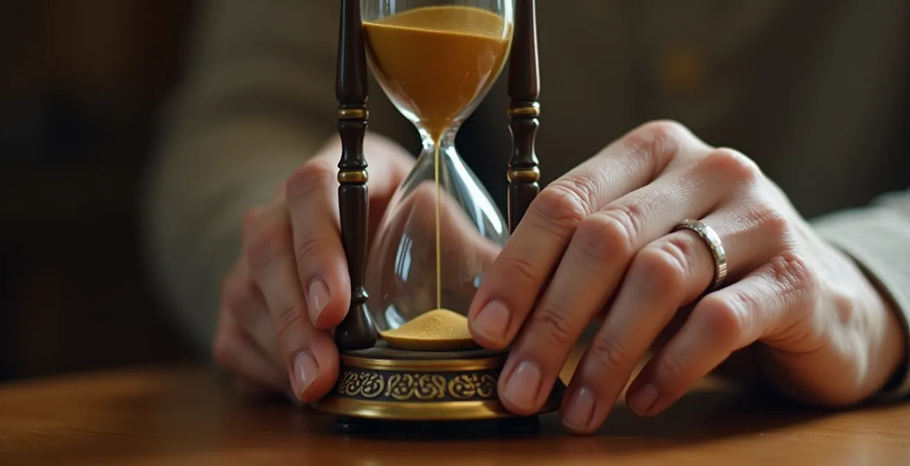 Mani anziane che tengono una clessidra con sabbia dorata, a simboleggiare la pianificazione a lungo termine della pensione.