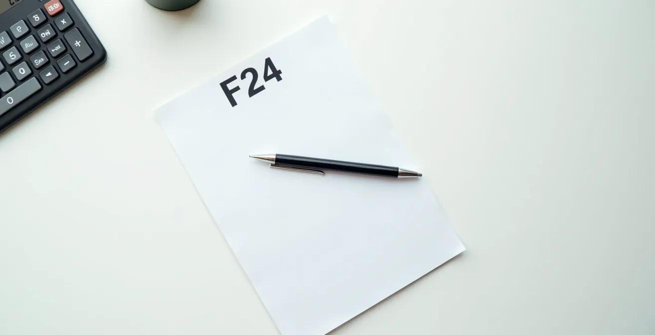 Vista dall'alto di un modello F24 parzialmente compilato con penna e calcolatrice