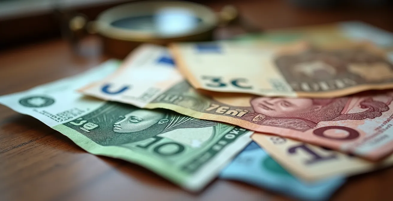 Banconote di diverse valute mondiali disposte in ventaglio su superficie in legno con calcolatrice