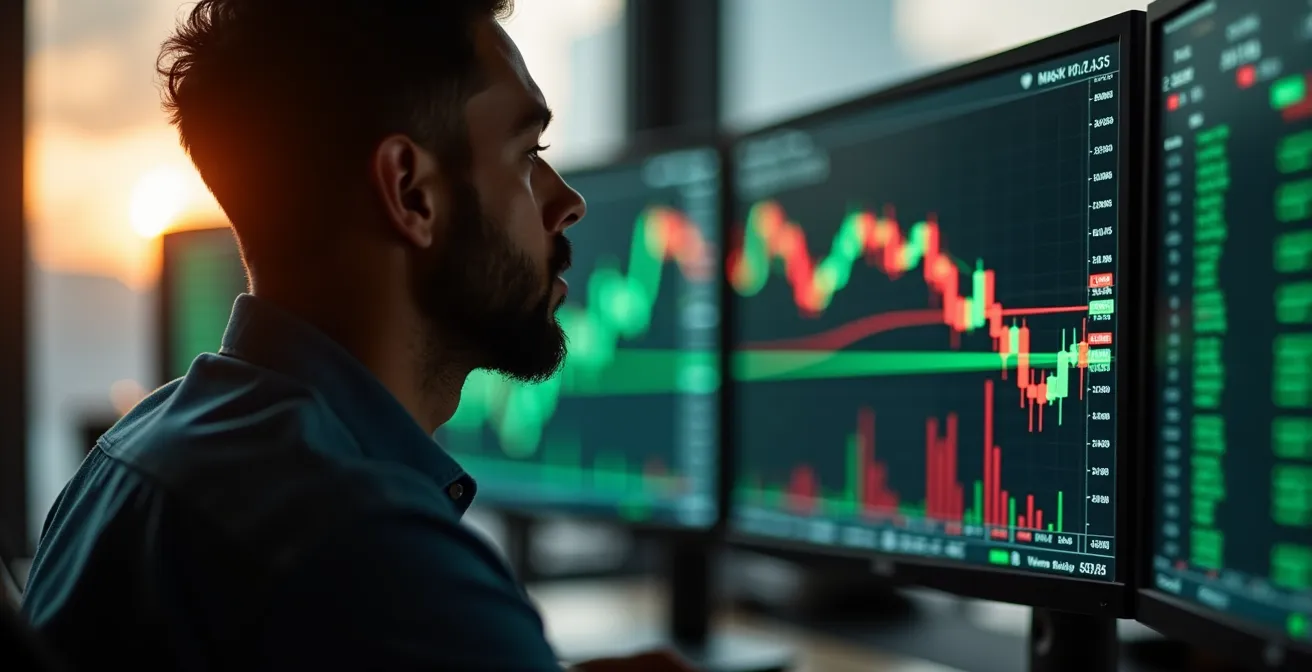 Monitor con grafici a candele e volume profile colorati in ambiente trading professionale