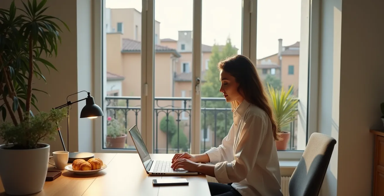 Professionista italiano che lavora su progetti secondari nel weekend da casa